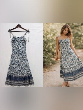 Good Hart Blue Floral Tie Strap Midi Dress Small Boho Cottagecore Lined Sundress